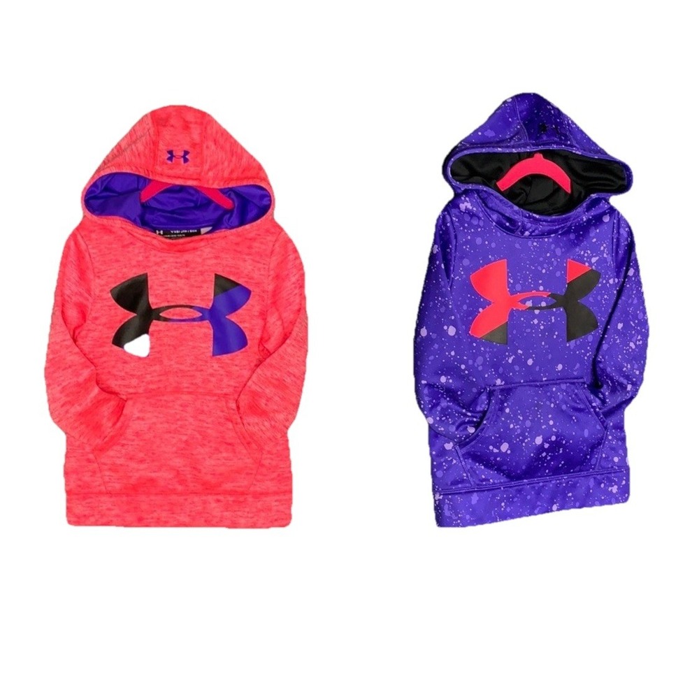 Bundle (2) Girls Under Armour ColdGear Hoodies Size YXS – Purple & Orange Pink